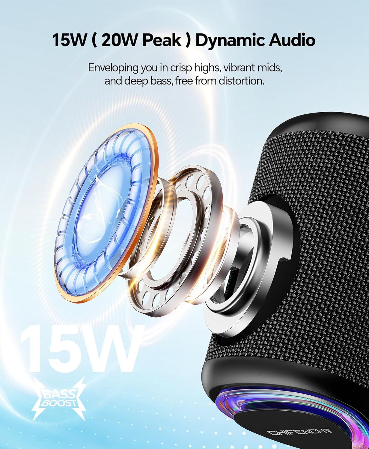 Portable Bluetooth Speaker Waterproof Gift: IPX5 HD Sound Up to 24H Playtime, TWS Pairing, LED Light, Outdoor Speaker for Beach/Pool/Travel/Essentials, Gifts for Fathers Day for Men Dad Husband-Black - Image 2